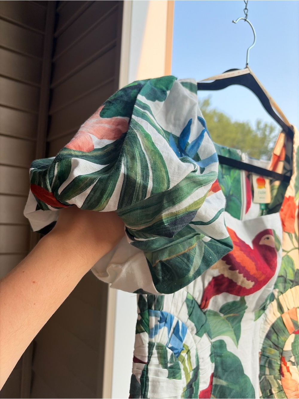 🆕🌿🦜FARM Rio OffWhite Midnight Macaw Fiesta Linen Puff Sleeve Midi Dress XS Party - Picture 9 of 17